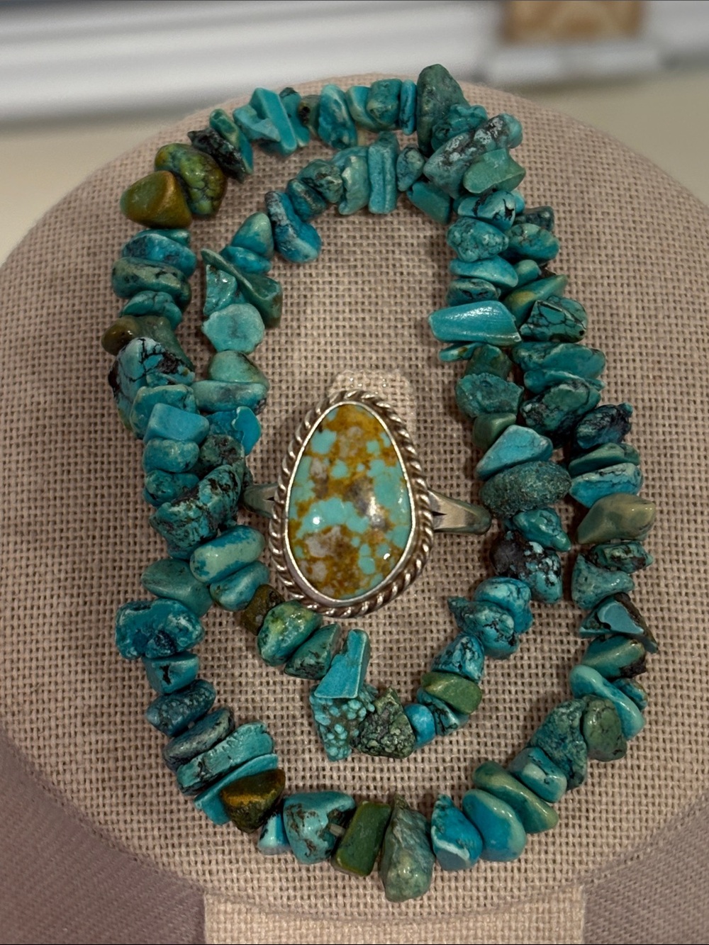 Set of 2 Turquoise Chip Stretchy Bracelets & Kingman Turquoise Ring size 9